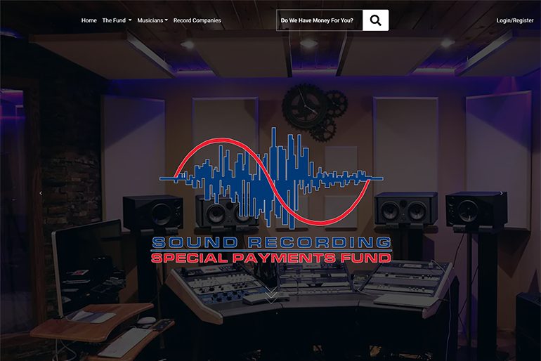 sound-recording.org home page: the Sound Recording Special Payments Fund logo over a recording studio, with a Do We Have Money For You? search in the header